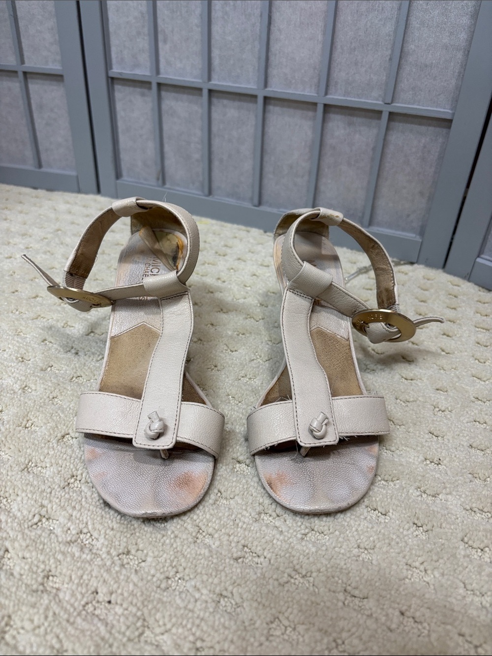 Michael Kors Light Beige Leather T-Strap Sandals